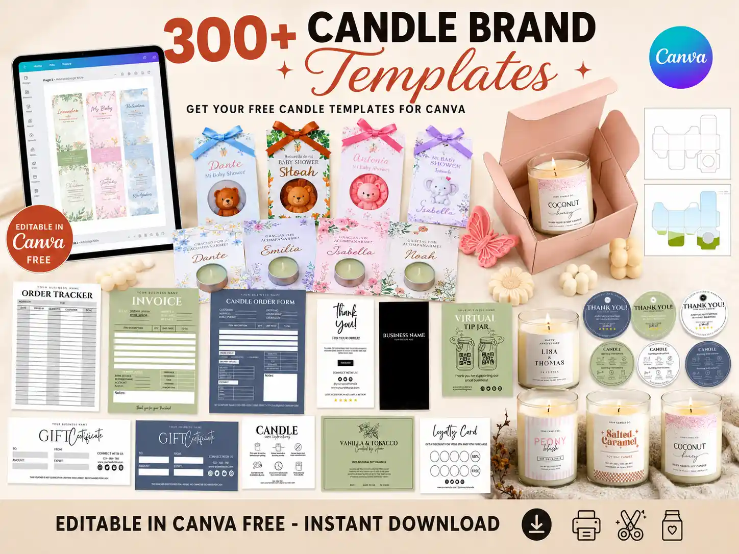 300+ candle brand templates displayed on premium finished candle jars